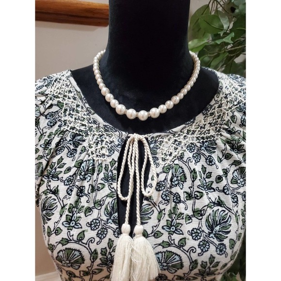 Lucky Brand White Floral Tassel Ties Round Neck Short Sleeve Top Blouse S/P - Picture 12 of 13